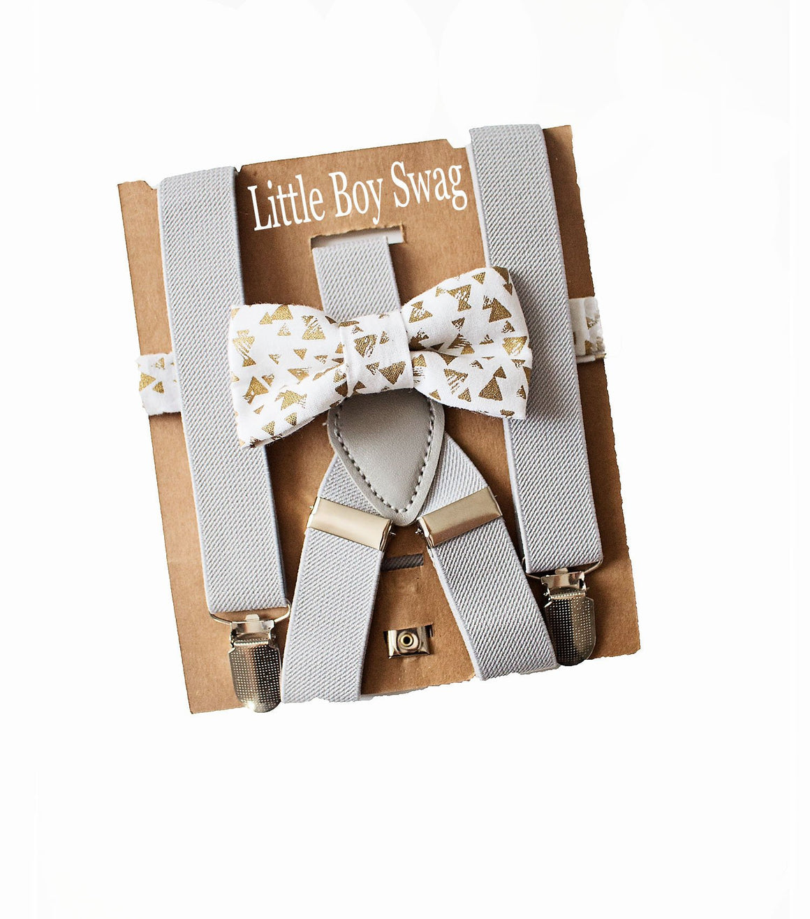 Gold Bow Tie Grey Suspenders Set - Toddler To Adult Sizes