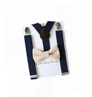Burlap Bow Tie Navy Blue Suspenders Set- Newborn To Adult Sizes