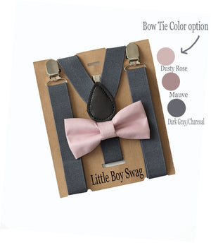 Dusty Rose Bow Tie Dark Grey Suspenders Set -  Toddler To Adult Sizes