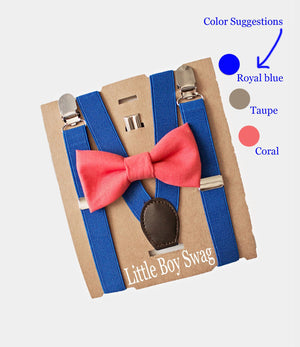 Coral Bow Tie Royal Blue Suspenders Set - Toddler To Adult Sizes