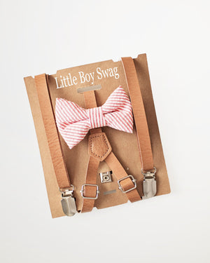Coral Bow Tie Leather Suspenders Set - Boys To Adult Sizes