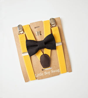 Black Bow Tie Yellow Suspender - Newborn To Adult Sizes