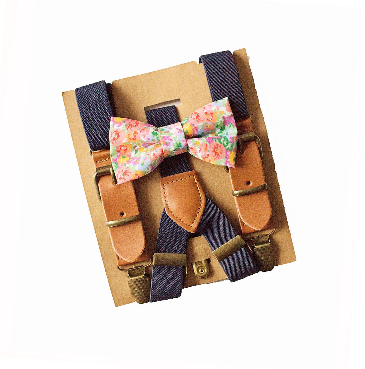 Pink Floral Bow Tie Navy Leather Suspender - Newborn To Adult Sizes