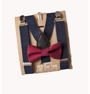 Navy Blue Suspenders Wine Bow Tie Set - Newborn To Adult Sizes