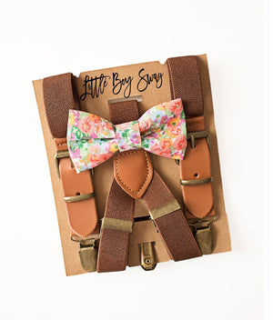Coral Floral Bow Tie Brown Leather Suspenders - Toddler To Adult Sizes