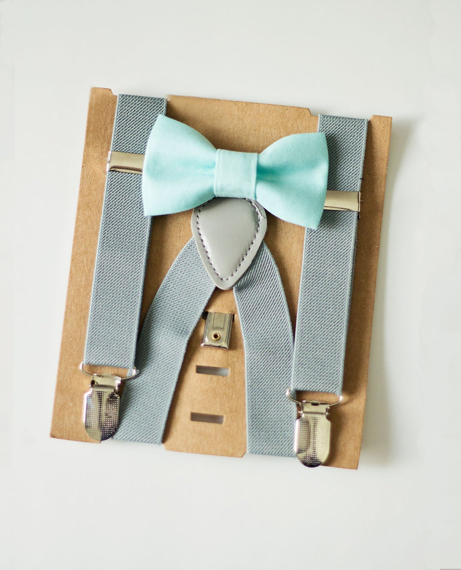 Mint Green Bow Tie Grey Suspenders Set - Toddler To Adult Sizes