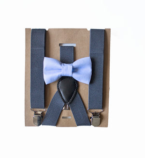 Dusty Blue Bow Tie Dark Grey Suspenders Set - Toddler To Adult Sizes