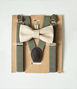 Moss Green Suspenders Khaki Bow Tie Set - Newborn To Adult Sizes