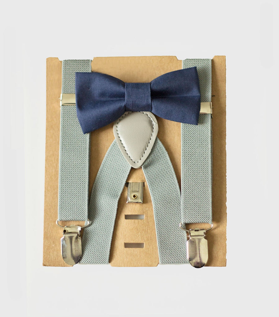Navy Bow Tie Grey Suspenders Set - Toddler To Adult Sizes