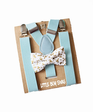 Gold Bow Tie Blue Suspenders - Newborn To Adult Sizes