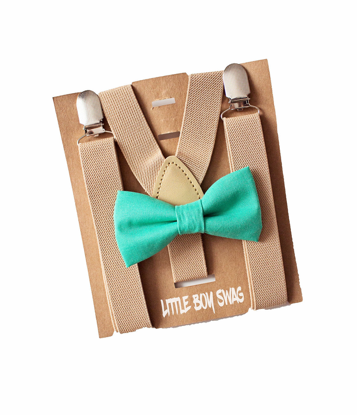 Turquoise Bow Tie Khaki Suspenders Set -  Newborn To Adult Sizes