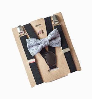 Black Suspenders Grey Bow Tie - Newborn To Adult Sizes