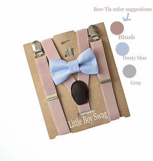 Dusty Blue Bow Tie Blush Suspenders Set- Newborn To Adult Sizes