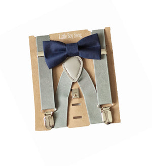Navy Bow Tie Grey Suspenders Set - Toddler To Adult Sizes