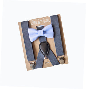 Dusty Blue Bow Tie Dark Grey Suspenders Set - Toddler To Adult Sizes