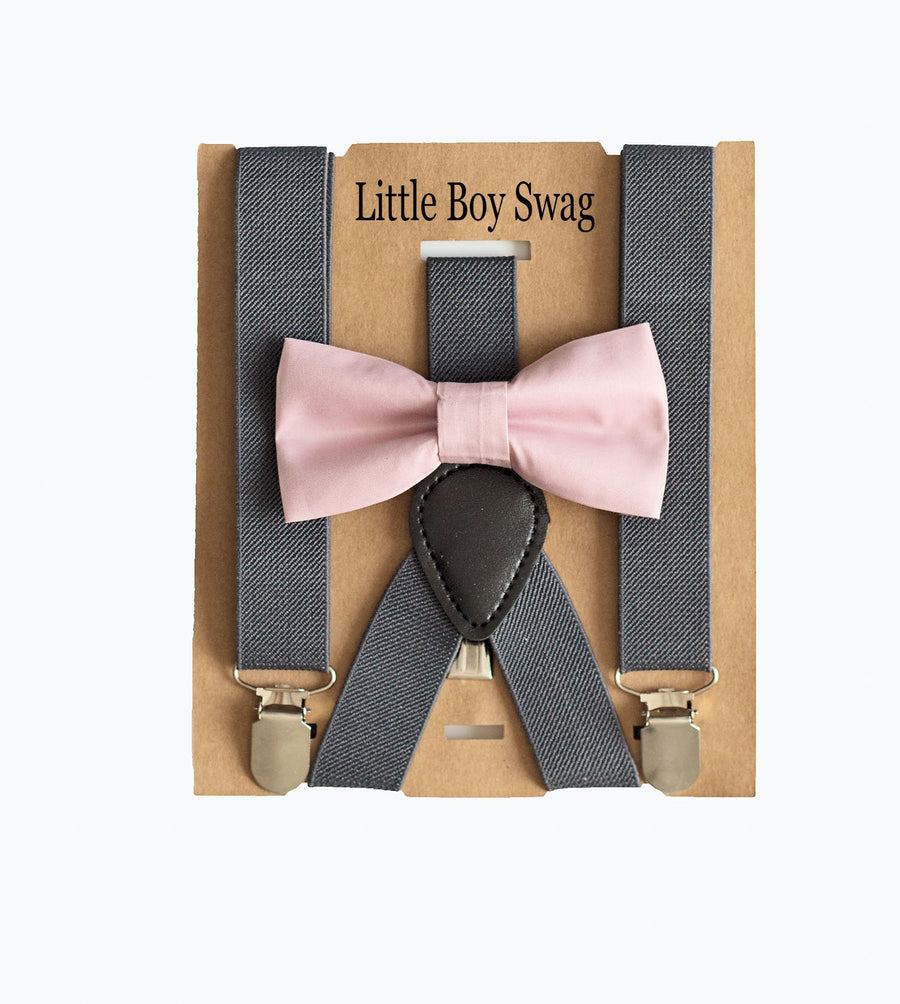 Dusty Rose Bow Tie Dark Grey Suspenders Set -  Toddler To Adult Sizes