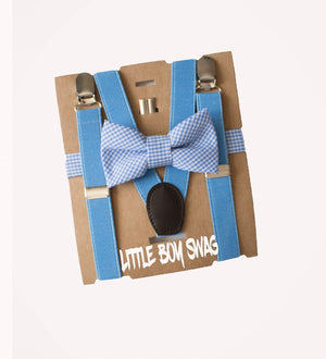 Blue Gingham Bow Tie Light Blue Suspenders - Boys To Adult Sizes