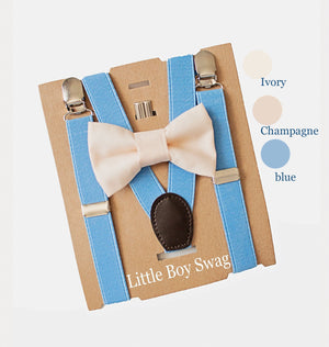 Champagne Bow Tie Blue Suspenders Set - Newborn To Adult Sizes