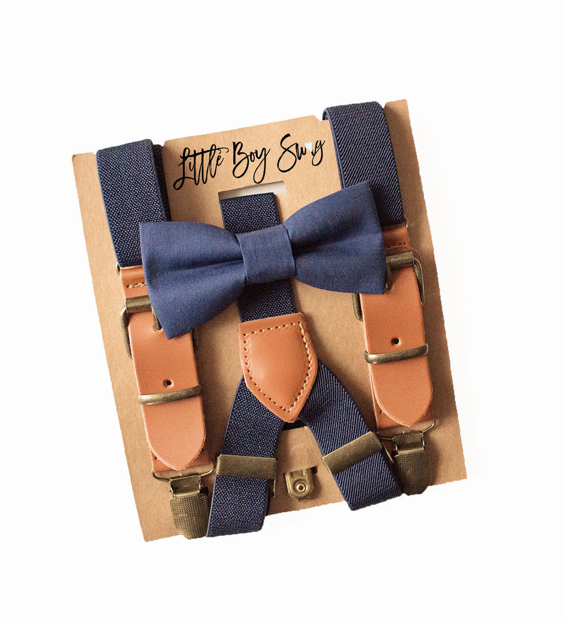 Navy Bow Tie Leather Buckle Suspenders Set - Boys To Adult Sizes