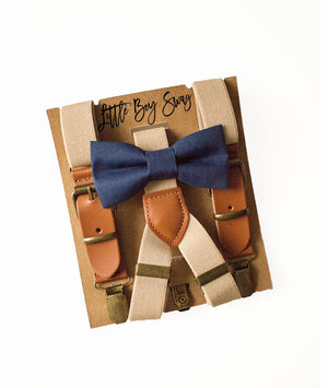 Khaki Leather Buckle Suspenders Navy Bow Tie - Boys To Adult Sizes