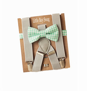 Mint Bow Tie Grey Suspenders Set - Toddler To Adult Sizes