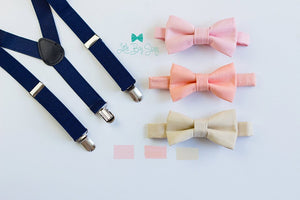 Peach Bow Tie Navy Suspenders Set - Newborn To Adult Sizes