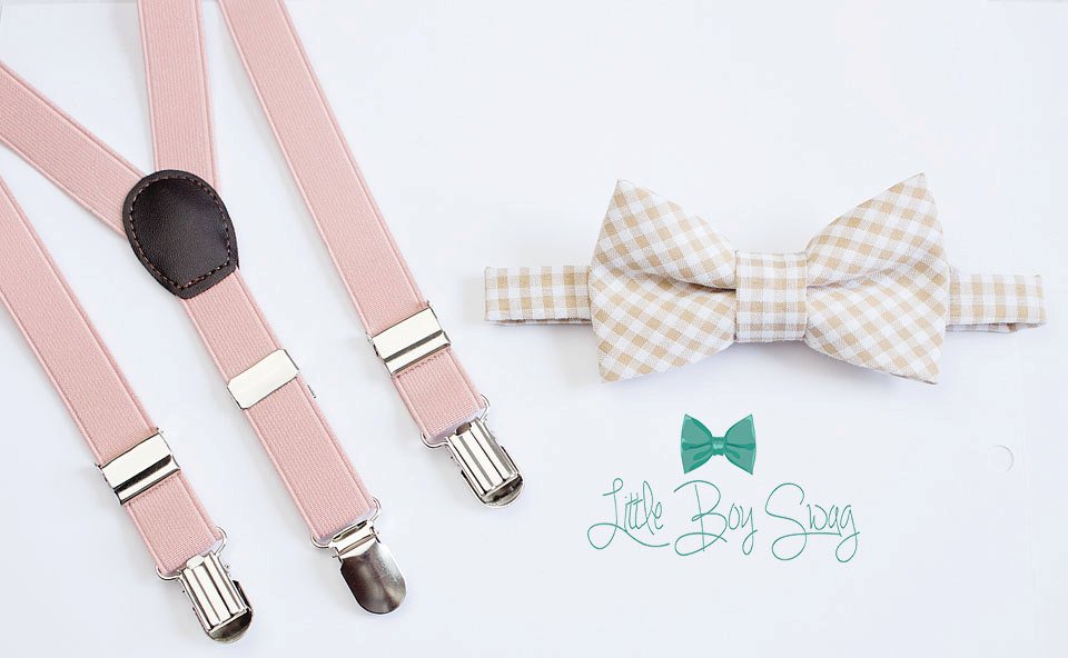 Beige Checkered Bow Tie Blush Suspenders - Newborn To Adult Sizes