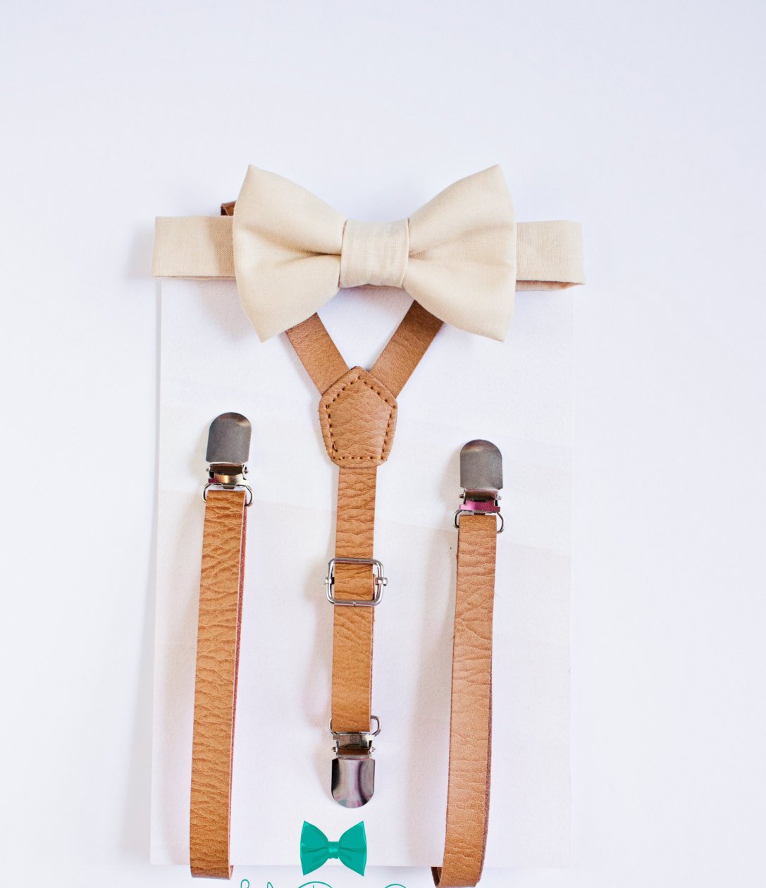 Little Boy Swag Champagne Bow Tie Tan Leather Suspenders - Boys to Adult Sizes Bowtie/Suspender Set / 3-4 Years