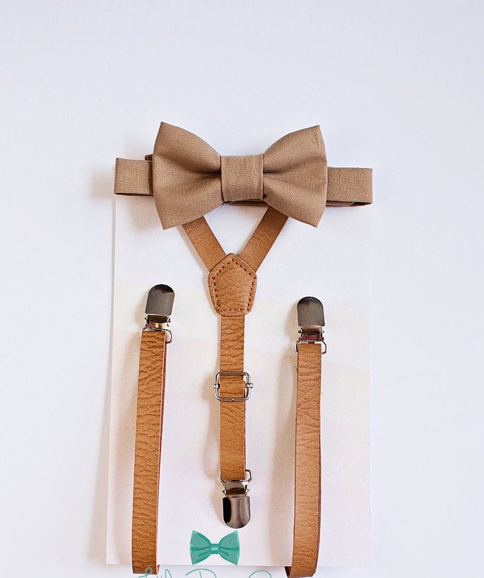 Brown Bow Tie Tan Leather Suspenders Set - Kids To Adult Sizes