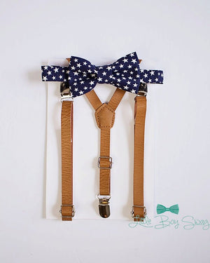 Blue White Star Bow Tie Tan Leather Suspenders - Boys To Men Sizes