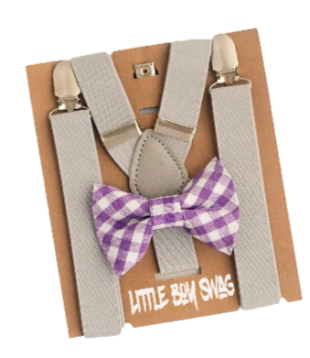 Lavender Gingham Bow Tie Light Grey Suspenders - Newborn To Adult Sizes