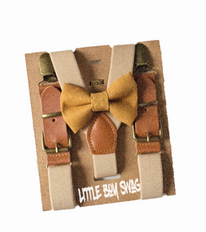Mustard Yellow Bow Tie Tan Leather Buckle Suspenders - Boys To Adult Sizes