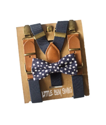 Navy Star Bow Tie Leather Buckle Suspenders - Newborn To Adult Sizes