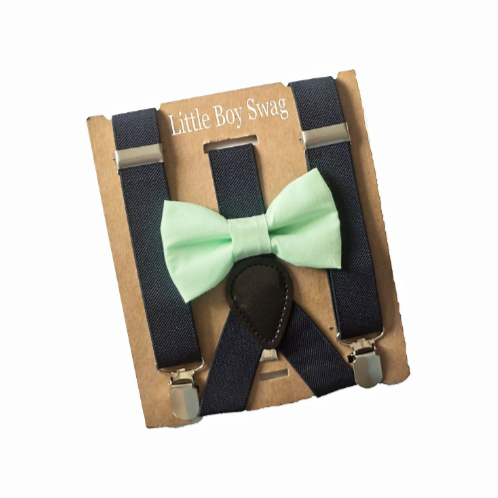 Seafoam Green Bow Tie Navy Suspenders - Newborn To Adult Sizes