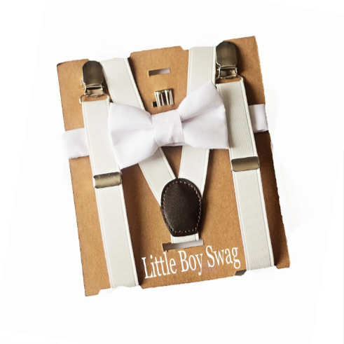 White Bow Tie Suspenders Set - Newborn To Adult Sizes